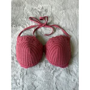 Shade & Shore 34DD Crochet Halter Bikini Top Pink Underwire Swim Bra Large Cup
